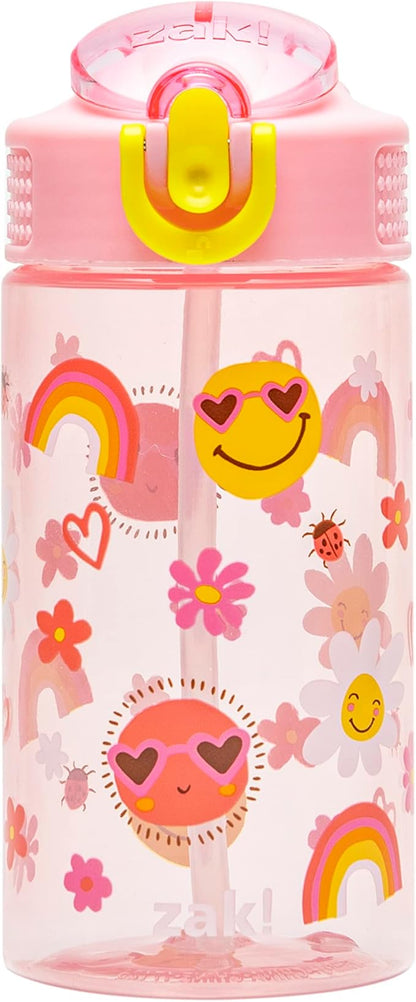 Zak Designs Kids Water Bottle For School or Travel, 16oz Durable Plastic Water Bottle With Straw, Handle, and Leak-Proof, Pop-Up Spout Cover (Sunny Smiles)