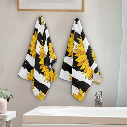 Towel Sets 2 Pack, Sunflowers on Black Striped Bath Hand Towels Soft Absorbent Quick Dry for Bathroom Beach Kitchen Gym Travel