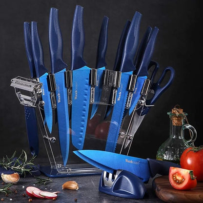 Wanbasion 16pcs Blue Kitchen Knife Set with Block, Stainless Steel Knives Set for Kitchen, Professional Chef Knife Sets for Kitchen with Sharpener Acrylic Block