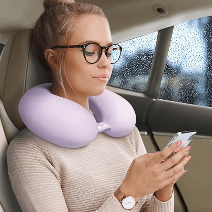 Travel Neck Pillow Airplane, Soft Memory Foam Support Head Neck Chin, with Removale Cover and Adjustable Snap Button, Comfortable Sleeping in Plane Car Train Traveling Office Home, Purple