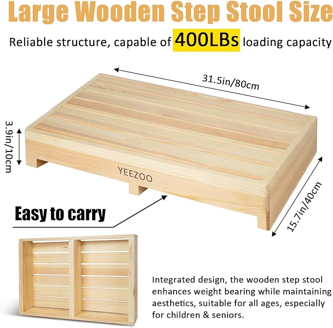 Wooden one Step Stool- Solid Pine Wood Step Riser with Non-Slip Pads, Wood Step Stool for Elderly Adults, high Bed, Bathroom, Kitchen (31.5" L*15.7" W*3.9" H, Natural, 400LBs Capacity)