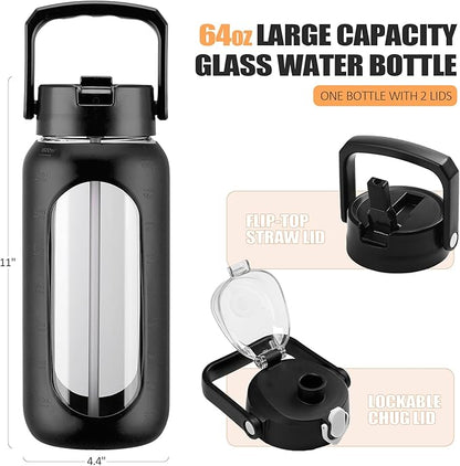 BLUEGO 64oz Glass Water Bottles with 2 Lids Flip Lid and Spout Lid Half Gallon Water Bottle with Straw 2L Large Water Bottle with Time and Capacity Markers for Gym Home Office Leak-proof, Black