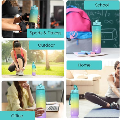 1L Water Bottle with Straw - Leak-Proof & BPA Free Reusable Sports Bottle - Motivational Time Markings for Hydration Durable Drink Bottle for Gym, Sports, Outdoor (Green Yellow and Purple)