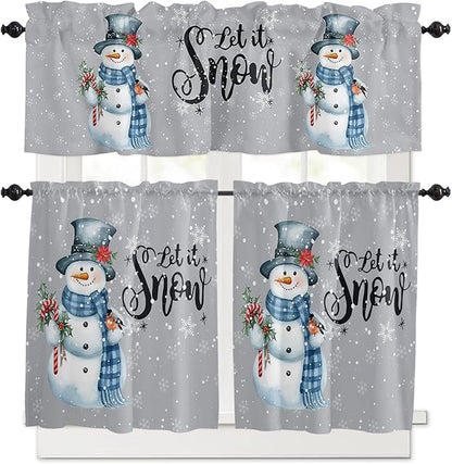 Vandarllin Snowman Christmas Kitchen Curtains and Valances Set, Let It Snow Winter Holiday Windows Treatments Tiers Half/Short Curtains for Small Windows Cafe/Living Room/Bedroom 54x24 in Grey White