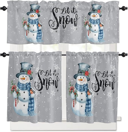 Vandarllin Snowman Christmas Kitchen Curtains and Valances Set, Let It Snow Winter Holiday Windows Treatments Tiers Half/Short Curtains for Small Windows Cafe/Living Room/Bedroom 54x36 in Grey White