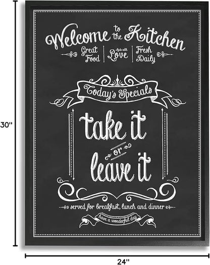 Stupell Industries Welcome to The Kitchen Chalkboard Style Vintage Sign, Design by Lettered and Lined Black Framed Wall Art, 24x30