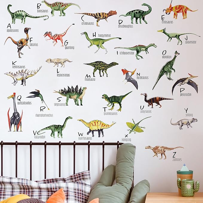 26 English Letters Dinosaurs Wall Stickers Tyrannosaurus Rex Pterosaur Triceratops Wall Decals Kids Bedroom Living Room Bathroom Home Decoration