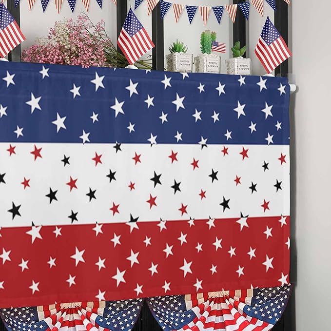 Vandarllin July 4th Kitchen Curtains Valances for Windows Red White Blue Rod Pocket Window Treatment for Kitchen/Living Room/Bedroom/Bathroom, 60" X 18", Independence Day Americana Stars