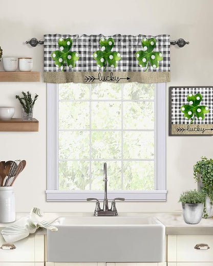 Vandarllin St. Patrick's Day Lucky Clover Shamrocks Valances Kitchen Curtains for Windows, Farmhouse Buffalo Plaid Rod Pocket Valances Short Curtains for Bedroom/Living Room,54" X 18" -1 Panel