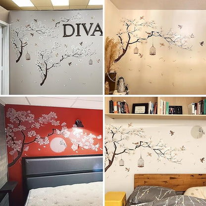 Chinese Style White Flowers Black Tree and Flying Birds Wall Stickers Removable DIY Wall Art Decor Decals Murals for Offices Home Walls Bedroom Study Room Wall Decaoration, 50inchx74inch