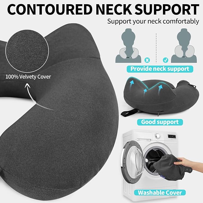 2 Pack Inflatable Travel Neck Pillow for Airplane, 360° Head Support Velvet Adult Neck Pillow for Long Flight, Removable Washable Cover, Kit with Eye Masks, Earplugs & Storage Bag, Grey