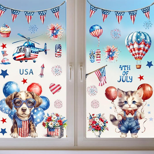 132Pcs Patriotic Window Clings Independence Day Window Stickers 9 Sheets Double-Sided USA Flag Stickers Fireworks Star Cat Dog 4th of July Window Decals Memorial Day Decor for Home School Decorations