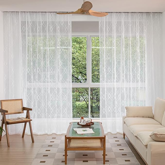 Windows Embroider-Stripe Sheer White Curtains 63 Inches Length 2 Panels Voile Light Filtering Sheer Curtains Panel Basic Rod Pocket Sheer for Bedroom Living Room Children Room Kitchen Yard