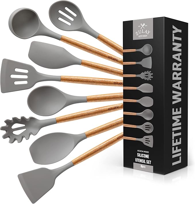 Zulay (8 Piece) Silicone Kitchen Utensils Set For Cooking - Non-Stick Silicone Cooking Utensils Set With Acacia Wood Handle - Heat Resistant Spatula Set - Flexible Silicone Kitchen Set