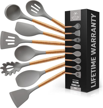 Zulay (8 Piece) Silicone Kitchen Utensils Set For Cooking - Non-Stick Silicone Cooking Utensils Set With Acacia Wood Handle - Heat Resistant Spatula Set - Flexible Silicone Kitchen Set