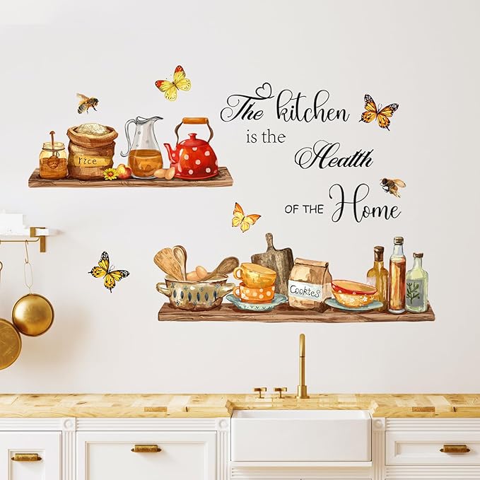 Kitchenware Wall Stickers Teapots Jars Cookie Rice Wall Decals Peel and Stick Kitchen Quote Wall Art Decors for Kitchen Dining Room Restaurant Bar Wall Decor