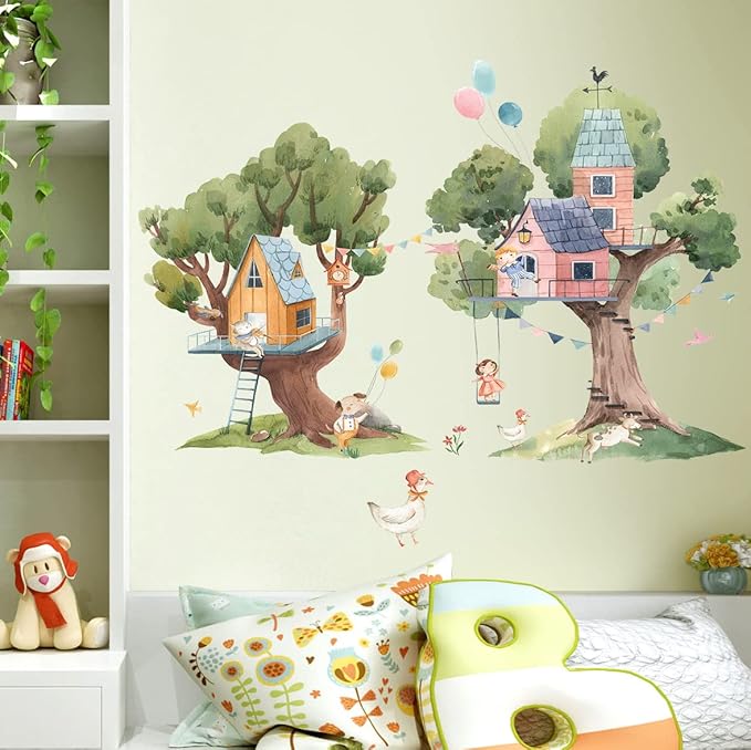 2 PCS Cartoon Tree Wall Stickers House Wall Decals DIY Removable 3D Forest Wall Stickers for Kids Girls Boys Bedroom Nursery Classroom Bathroom Kitchen Playroom Living Room Home Decoration (B)