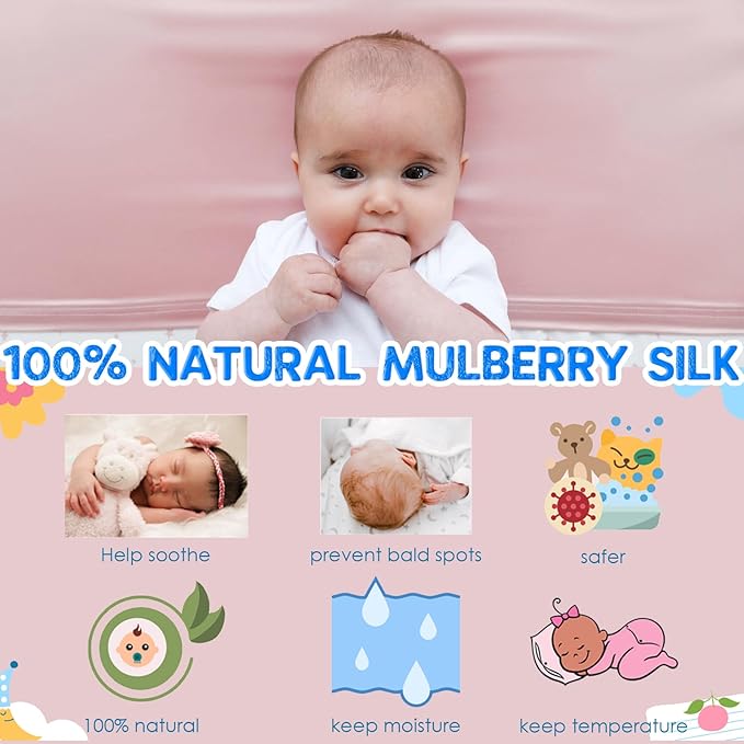 2 Pack 100% Mulberry Silk Crib Sheet for Baby Hair, 23 Momme Silk Bassinet Slip for Baby Bald Spots, Soft and Safe Silk Cot Sleeve for Everyday Use (Pink)