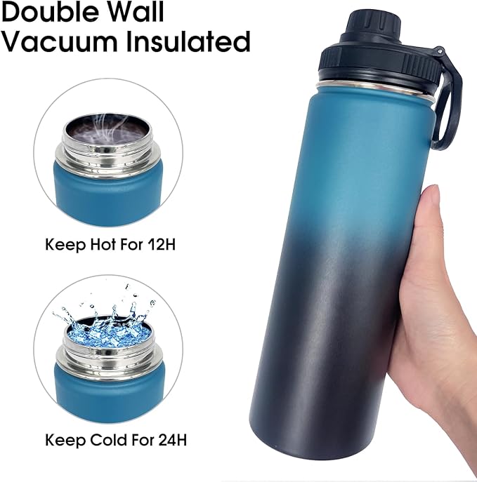 1pack 22 oz Insulated Water Bottle With Straw, Stainless Steel Sports Water Cup Flask with 2 Lids, Wide Mouth Travel Thermal Mug,Navy Black