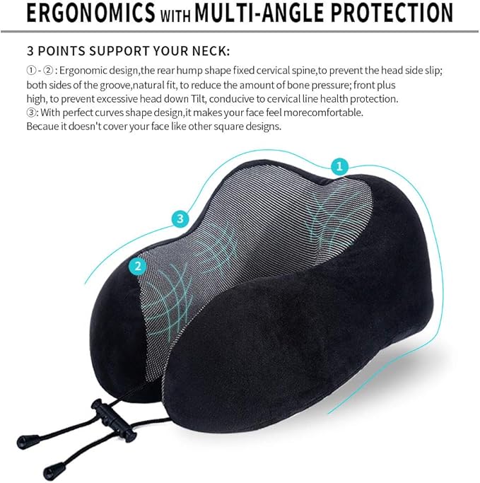 Travel Pillow, Best Memory Foam Neck Pillow Head Support Soft Pillow for Sleeping Rest, Airplane Car & Home Use (Black)