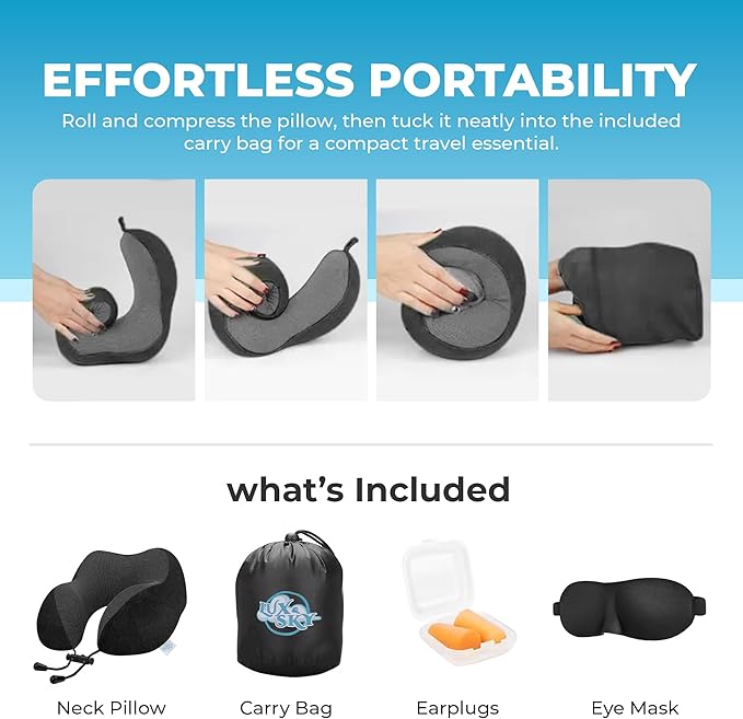 Lux & Sky Cooling Memory Foam Travel Neck Pillow Set for Airplane Car, Home, Office | Travel Essential Neck Pillow with Sleeping Mask & Earplugs | 3 in 1 U Shape Memory Foam Travel Pillow (Black)