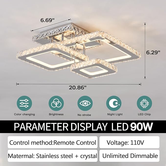 ZGLAOJT Modern Crystal Ceiling Light Chrome RGB 3-Color LED Flush Mount Ceiling Light Fixture with Remote Control Dimmable Ceiling Lighting Chandelier for Kitchen Bedroom Dinning LivingRoom.