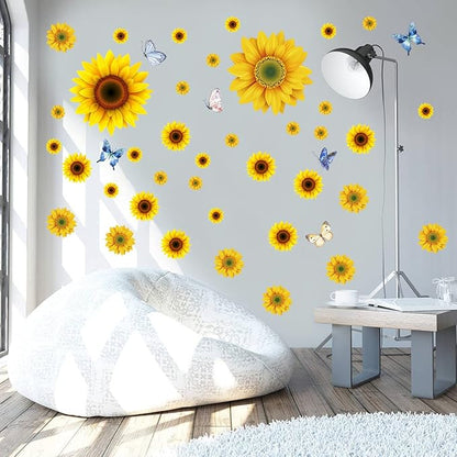 Sunflower Wall Stickers with 3D Butterfly Removable Yellow Flower Wall Decals Waterproof Sunflower Decor Mural for Nursery Baby Kids Bedroom Living Room Bathroom Kitchen Decoration (44 Pcs Yellow)