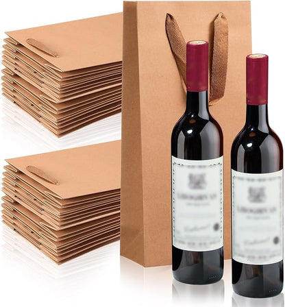 Yeaqee 50 Pack Wine Bags for Wine Double Bottles Gifts Bags 6.6" x 3.6" x 13.8" Craft Wine Bottle Wine Bags Bulk with Handles Reusable Paper Tumbler Wine Bags, Liquor Gift Bag with Handles (Brown)