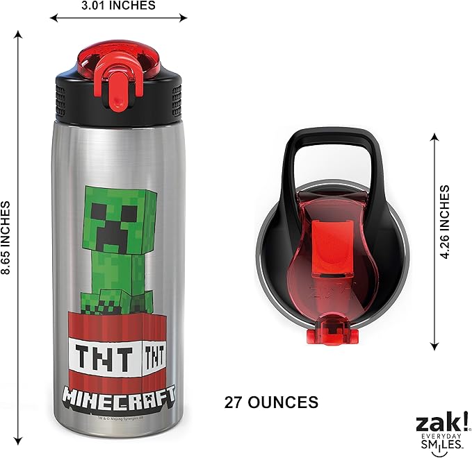 Zak Designs - MICI-V151 27oz Minecraft 18/8 Stainless Steel Water Bottle with Flip-up Straw Spout and Locking Spout Cover, Durable Cup for Sports or Travel (27oz, Minecraft Creeper)