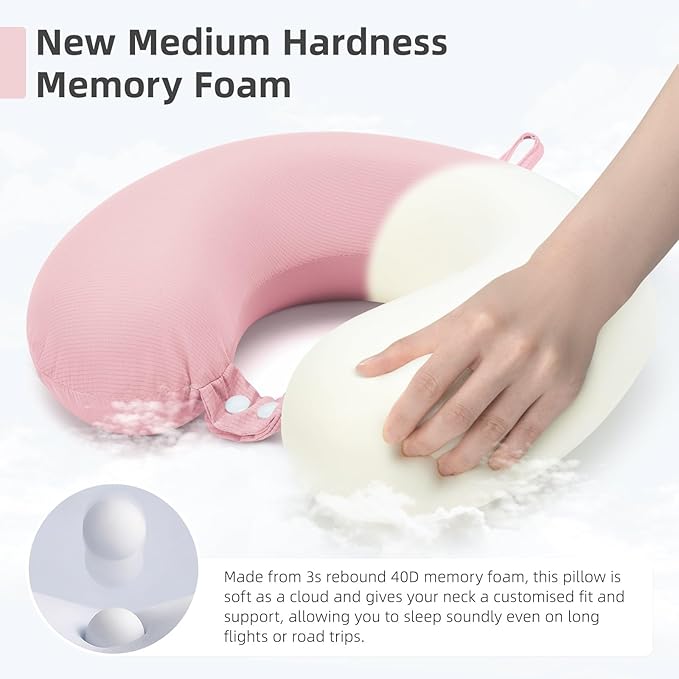 Travel Pillow, Cooling Neck Pillow Airplane Memory Foam with Sleep Mask Earplugs, Soft & Support Airplane Pillow for Travelling Plane Car Train Home Use, Pink