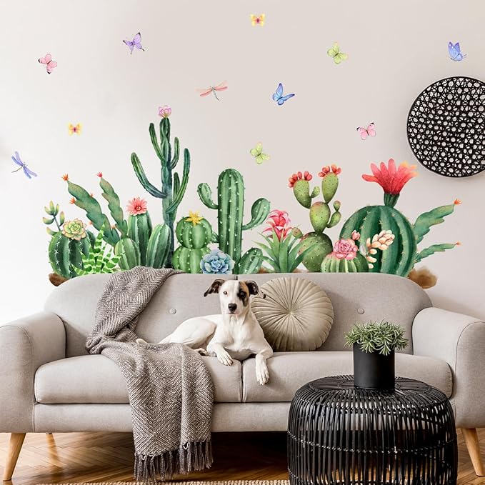 Vibrant Cactus & Butterfly Wall Stickers - 30x90cm Vinyl Decor for Home, Office, Nursery