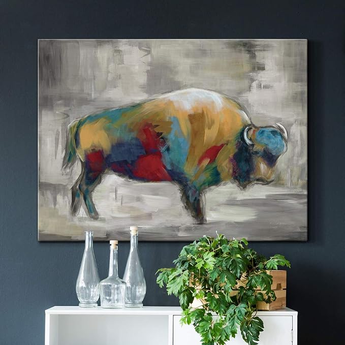 Renditions Gallery Canvas Animal Wall Art Home Paintings & Prints Colorful Bison Brushstroke Abstract Black & White Modern Artwork Decorations for Bedroom Office Kitchen - 32"x48" LT33