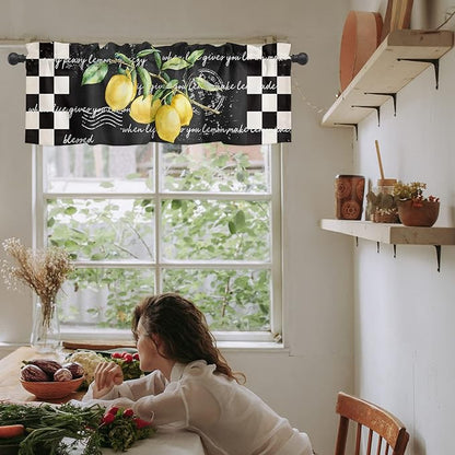 Vandarllin Summer Tropical Lemon Kitchen Curtains Valances for Windows Buffalo Plaid Black White Rod Pocket Window Treatment for Kitchen/Living Room/Bedroom/Bathroom,60" X 18" -1 Panel,