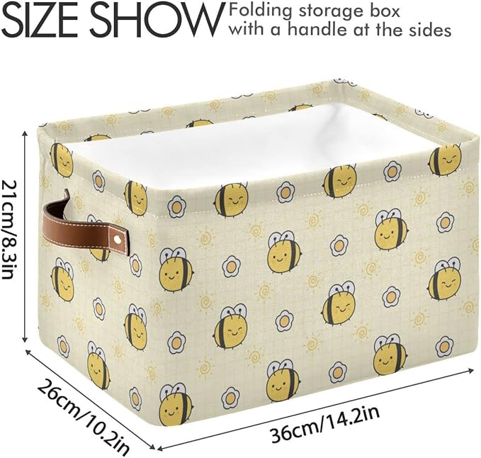 Yellow Bees Honey Storage Basket Fabric Kitchen Baskets Cute Bumblebee Sunny Flowers Open Home Storage Bins Boxes Foldable Organizer Bag for Baby Cloth Pet Toy Book Shelf Closet Baskets 16×12×8 IN