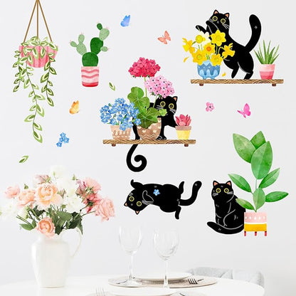 Mfault Spring Summer Potted Plant Black Cat Wall Decals Stickers, Kitty Geranium Flower Cactus Bonsai Vine Decoration Bedroom Art, Floral Succulent Botanical Seasonal Home Kitchen Decor Party Supplies