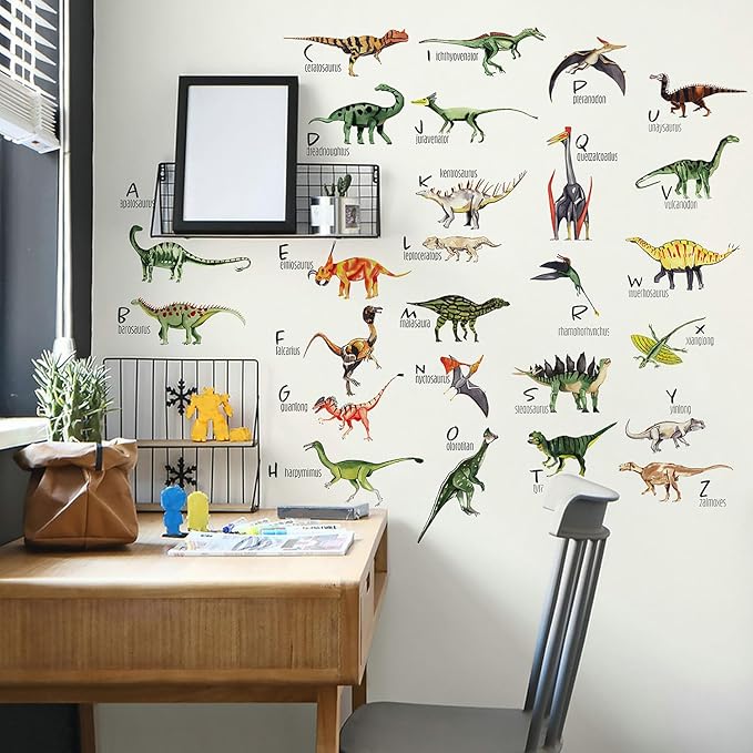 26 English Letters Dinosaurs Wall Stickers Tyrannosaurus Rex Pterosaur Triceratops Wall Decals Kids Bedroom Living Room Bathroom Home Decoration