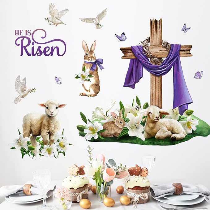 Mfault He is Risen Easter Wall Decals Stickers, Religious Faith Cross Lamb Bunny Lily Flower Christian Decorations Bedroom Art, Rabbit Dove Floral Butterfly Home Kitchen Decor Party Supplies