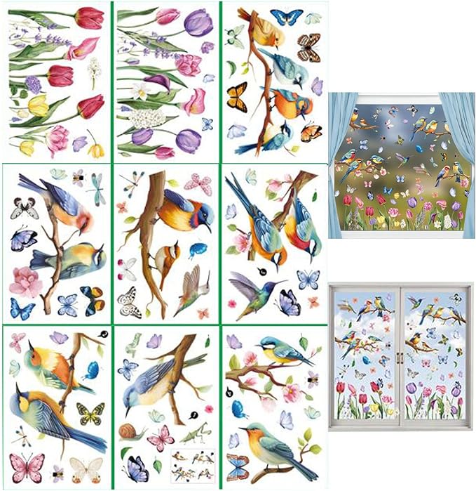 9PCS Summer Window Stickers, Spring Flower Bird Butterfly Tree Branches Glass Window Cling Stickers Cartoon Decoration Stickers for Living Room Office Home Party Supplies Shop