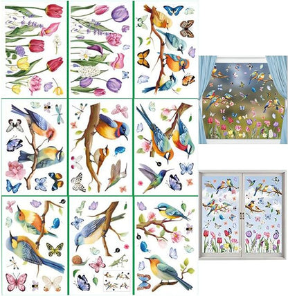 9PCS Summer Window Stickers, Spring Flower Bird Butterfly Tree Branches Glass Window Cling Stickers Cartoon Decoration Stickers for Living Room Office Home Party Supplies Shop