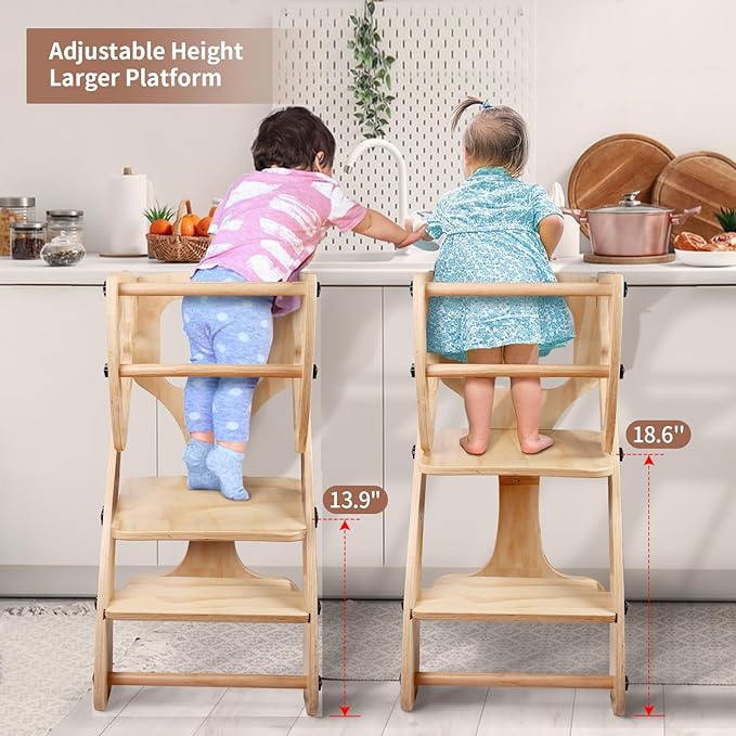 Toddler Standing Tower, 2 in 1 Toddler Kitchen Step Stool Helpers, Adjustable Height Kids Learning Tower with Safety Rails