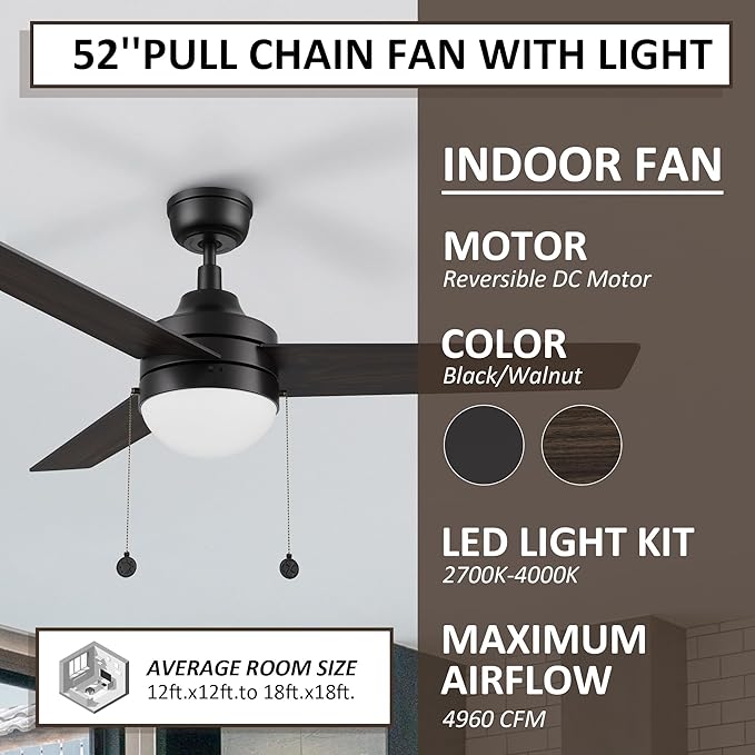 52 Inch Black Pull Chain Ceiling Fan with Reversible Blades, 3-color LED Light Adjustable, 5 Speeds Quiet Reversible DC Motor, 3 Plywood Blades Modern Ceiling Fan for Living Room, Bedroom, Kitchen