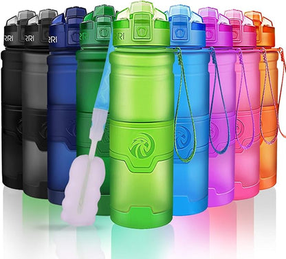 ZORRI 14/17/ 24/32 OZ Water Bottles, BPA Free Tritan Lightweight Leak Proof Sport Bottle with Brush, Lock Feature, Track Marker, and Flip Lid for Kids School, Fitness, Office, Sports & Outdoors