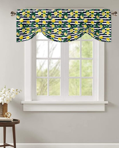 Tie Up Valance for Kitchen Living Room Farmhouse - Lemon and Stripe Pattern Rod Pocket Adjustable Tie-up Shade Valance for Small Window, Window Valance Balloon Drape for Bathroom 60x18 inches