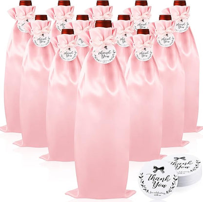 Shappy 12 Pcs Satin Wine Bags Wine Gift Bags with Drawstrings & Tags, Wine Bottle Bags Reusable Wine Bottle Covers for Christmas, Wedding, Birthday, Travel, Holiday Party, Home Storage (Pink)