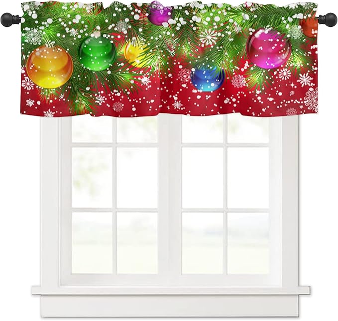 Valance Curtains for Kitchen Window, Christmas Ornaments Pine Tree Snowflakes Xmas Rod Pocket Valances Window Treatments Red Short Curtains for Bedroom/Living Room,54" X 18" -1 Panel,