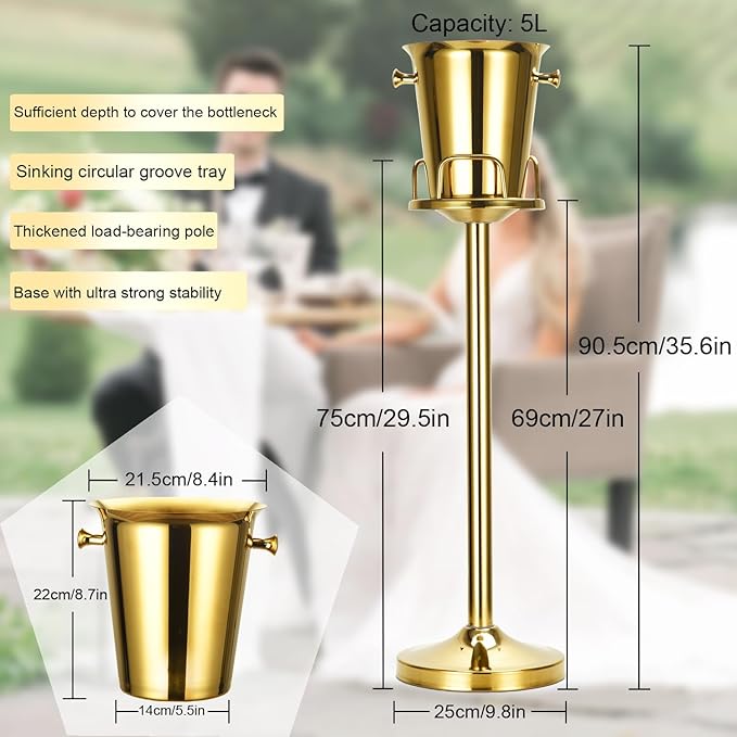 Champagne Bucket with Stand,Ice Bucket with Stand Stainless Steel Bucket Wine Chiller On Stand 12Lb Hammered Tall Ice Bucket Stand for Party Bar Ktv Bbq Home,3ft (silver+gold, 1 pack)