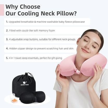 Travel Pillow, Cooling Neck Pillow Airplane Memory Foam with Sleep Mask Earplugs, Soft & Support Airplane Pillow for Travelling Plane Car Train Home Use, Pink