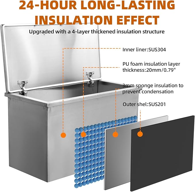Upgraded Drop in Ice Chest, Stainless Steel Ice Cooler, Commercial Ice Bin with Cover, Outdoor Kitchen Ice Bar, Drain-Pipe and Drain Plug Included, for Cold Wine Beer