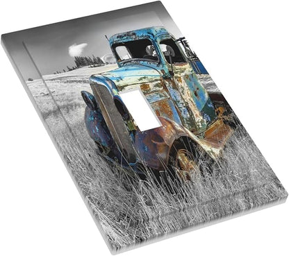 Vintage Country Old Blue Truck 1 Gang Light Switch Cover Decorative Rustic Automobile Single Toggle Wall Plate Switchcovers Electrical Switchplate Home Decor for Bathroom Living Room Decorate