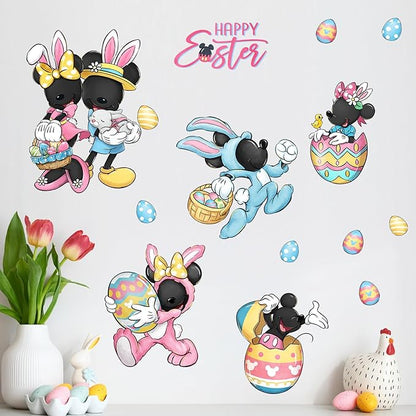 Mfault Happy Easter Cartoon Mouse Wall Decals Stickers, Eggs Bunny Decorations Bedroom Art, Rabbit Basket Chick Home Kitchen Decor Party Supplies